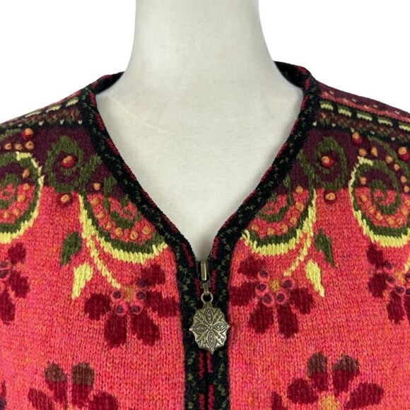 Icelandic Design Full Zip Jacket Wool 3D Knit Textured Floral Vintage Lined L - Picture 3 of 16